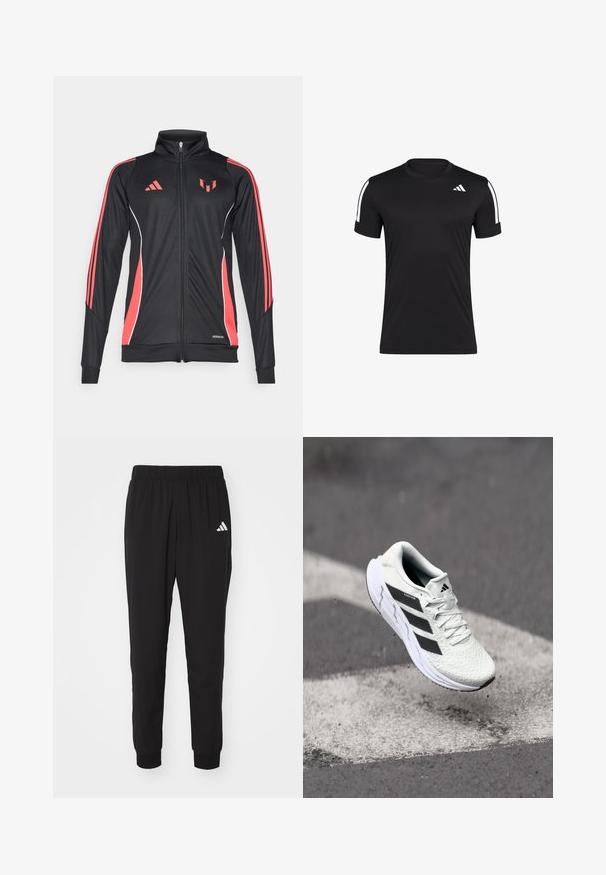 Čierna športová bunda s červenými akcentmi, so zipsom, vysokým golierom a bielym lemovaním. Obsahuje tri vertikálne pruhy na rukávoch. Zobrazené logo Aeroready.; Čierny športový dres s krátkym rukávom vyrobený z hladkej tkaniny, s bielymi akcentovými pruhmi na pleciach a malým logom na hrudi.; Čierne športové nohavice s elastickým pásom, s manžetami na členkoch a bielym logom Adidas na ľavom stehne. Vyrobené z ľahkej, hladkej tkaniny.; Biele športové tenisky s textúrovaným sieťovaným zvrškom, čiernymi pruhmi, šnurovaním a polstrovanou podrážkou, levitujúce nad označeným povrchom cesty.