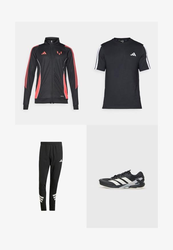 Fekete sportdzseki piros részletekkel, cipzáras záródással, magas gallérral és fehér díszítéssel. A ujjakon három függőleges csík látható. Aeroready márkázás.; Fekete, rövid ujjú pamut póló, fehér csíkokkal a vállain és fehér logóval a bal mellkason.; Fekete sportnadrág, rugalmas derékkal, reflektáló fehér díszítéssel, csíkos mintázatban az alsó lábakon. Simább anyagból készült.; Fekete sportcipő fehér csíkokkal, hálós felsőrész, kerek orr és párnázott talp. Texturált sarokkal és biztonságos fűzőrendszerrel rendelkezik.