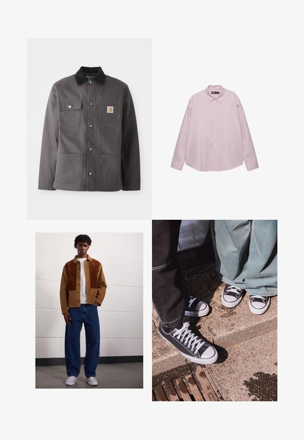 Giacca da lavoro grigio scuro con colletto in velluto, due tasche frontali, bottoni a scatto e un logo a patch sul lato sinistro del petto.; Camicia button-up rosa chiaro con strisce blu verticali, colletto, maniche lunghe e vestibilità ampia. Realizzata in un tessuto morbido con una leggera lucentezza.; Uomo che sta in piedi all'interno, indossando una giacca di velluto a coste marrone con macchie arrugginite, una maglietta bianca, jeans blu larghi e sneaker bianche.; Sneaker in tela nera basse con punte e lacci in gomma bianca, abbinate a pantaloni larghi in denim verde, su una superficie di pietra texturizzata.