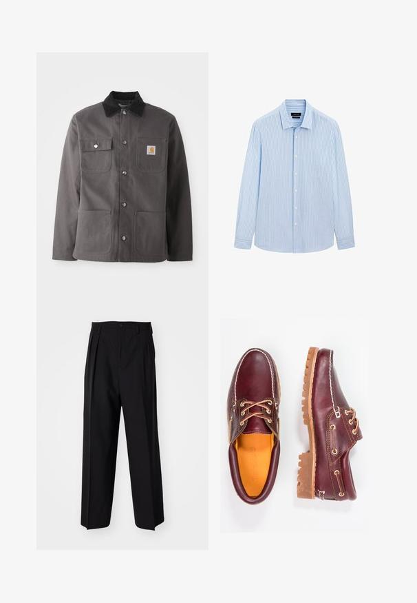 Donkergrijze werkjas met een corduroy kraag, twee voorzakken, drukknoopsluiting en een patchlogo op de linkerborst.; Lichtblauw button-up shirt met verticale witte strepen, lange mouwen, kraag en een rechte zoom. Gemaakt van een katoenmix.; Zwarte geplooide broeken met een rechte, brede pijpontwerp. Gemaakt van soepele stof, met een knoopsluiting en riemlussen.; Bordeaux leren schoenen met bruine rubberen zolen, ronde neus, witte stiksels en gouden veterogen. Het interieur heeft een gele voering.