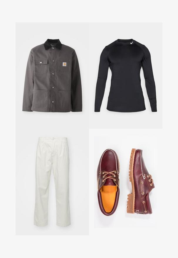 Tumehall tööjakk, millel on sametist krae, kaks esi-taskut, nööbiraud ja plekklogo vasakul rinnal.; Must have pikad varrukad ja sportlik särk, mis on valmistatud sileda ja elastse kanga kasutamisest, ümar kaelus ja diskreetne logo vasakus ülanurgas.; Heledad hallbeige puuvillased püksid sirge säärega, millel on nööbi sulgemine, vööloopid ja eesmine volditus, et anda täiendavat struktuuri.; Burgundia nahkkingad pruunide kummitaldadega, ümmarguse varbaga, valge tikandi ja kuldsete silmadega. Siseosa on kollase voodriga.