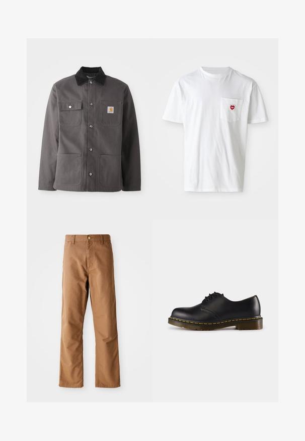 Dunkelgraue Arbeitsjacke mit einem Cordkragen, zwei Fronttaschen, Druckknöpfen und einem Patch-Logo auf der linken Brust.; Weißes Baumwoll-T-Shirt mit rundem Halsausschnitt und kurzen Ärmeln. Verfügt über ein kleines rotes Herzlogo auf der linken Brusttasche.; Braune gerade geschnittene Hosen mit Gürtelschlaufen, Vordertaschen, Knopfverschluss und Reißverschluss vor einem weißen Hintergrund.; Schwarzer Lederschuh mit abgerundeter Zehenpartie, Schnürdesign, gelbe Stickerei entlang der Sohle und einer kräftigen, strukturierten Gummisohle.