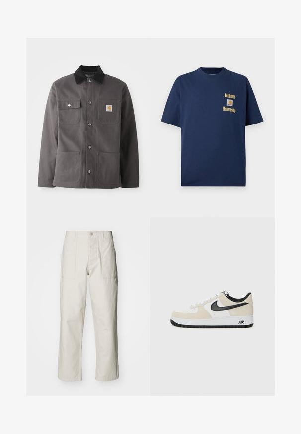 Dark gray work jacket with a corduroy collar, two front pockets, snap buttons, and a patch logo on the left chest.; Navy blue cotton t-shirt with short sleeves, featuring gold text "Carhartt University" and a logo patch on the left chest.; Light beige wide-leg pants made of cotton. Features front pockets and a button closure. Smooth texture with subtle vertical lines.; Sneakers with a light beige suede and white leather upper, black Nike swoosh, black accents, and a white rubber sole featuring "AIR" branding.