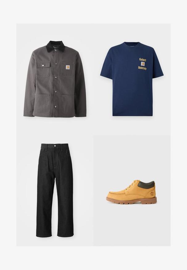 Tumehall tööjakk, millel on sametist krae, kaks esi-taskut, nööbiraud ja plekklogo vasakul rinnal.; Tume sinine puuvillane T-särk lühikeste varrukatega, millel on kuldne kiri "Carhartt University" ja logo aplikaat vasakul rinnal.; Mustad teksad, millel on mugav lõige, kõrge talje, tõmblukk ja viie tasku disain. Silmatorkavad õmblused üle kogu.; Kollane nahast king, millel on pruun kummitald, ümar varvas ja roheline nahast pahkluuri detail. Omab kuldseid silmuseid ja õmblusaktsente.
