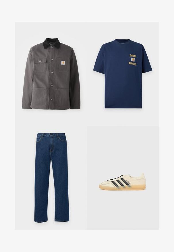 Tamno siva radna jakna s ovratnikom od kordura, dva prednja džepa, kopčama na dugme i logom na zakrpi na lijevoj strani prsiju.; Tamno plavi pamukasti majica s kratkim rukavima, s zlatnim natpisom "Carhartt University" i logotipom na lijevoj strani grudi.; Tamno plave traperice ravnog kroja s prednjim džepovima i kopčanjem na dugme, prikazane na jednostavnoj bijeloj pozadini.; Svijetlosmeđi tenisice s crnim dizajnom tri pruga, teksturirana gornja strana, okrugli vrh i đon od gume. Ima vezice i brendiranje sa strane.