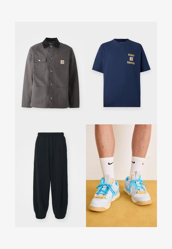 Mørk grå arbeidsjakke med kordfløyelskrage, to frontlommer, trykknapper og et merke med logo på venstre bryst.; Mørk blå bomull t-skjorte med korte ermer, med gulltekst "Carhartt University" og et logo-patch på venstre bryst.; Sorte, joggebukser med elastisk liv, løs passform, mansjetter på ankler, glatt tekstur og uten synlige mønstre eller hardware-detaljer.; Lyseblå joggesko med brune såler, med fremtredende turkise snørebånd og gule detaljer. Teksturerte materialer og synlig luftdemping.