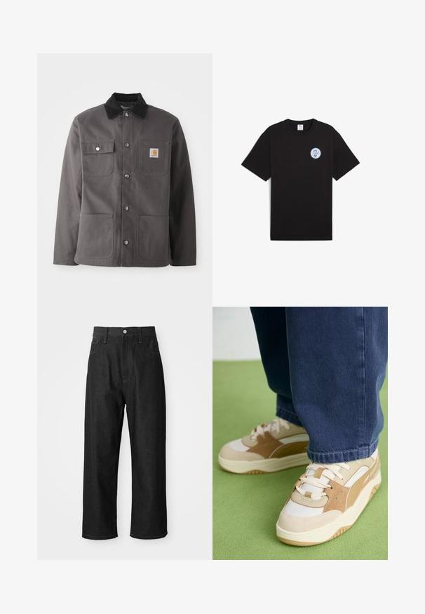 Donkergrijze werkjas met een corduroy kraag, twee voorzakken, drukknoopsluiting en een patchlogo op de linkerborst.; Zwarte katoenen T-shirt met korte mouwen, ronde hals en een ronde blauwe logo op de linkerkant van de borst. Glad materiaal en een casual pasvorm.; Zwarte denim broek met een relaxte pasvorm, hoge taille, ritssluiting en vijf-pocket ontwerp. Duidelijke stiksels als accent door het hele ontwerp.; Beige en witte sneaker met een gestructureerde bovenkant, suède accenten, dikke zool en vetersluiting. Draagt met blauwe denim broek.