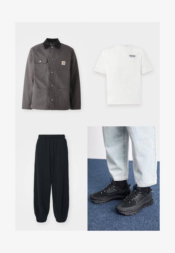 Dunkelgraue Arbeitsjacke mit einem Cordkragen, zwei Fronttaschen, Druckknöpfen und einem Patch-Logo auf der linken Brust.; Weißes Baumwoll-T-Shirt mit einem blauen, gestickten "Timberland Rugged Active Gear"-Logo auf der oberen linken Brust. Kurze Ärmel und Rundhalsausschnitt.; Schwarze Sweatpants mit elastischem Bund, lockerer Passform, gerippten Beinabschlüssen, glatter Textur und ohne sichtbare Muster oder Hardware-Akzente.; Schwarze Sportschuhe aus strukturiertem Stoff mit Gummisohlen, ausgestattet mit elastischen Schnürsenkeln und einem blauen Akzent an der Ferse. Getragen mit hellen Jeans.
