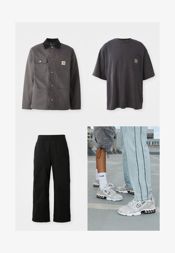 Dunkelgraue Arbeitsjacke mit einem Cordkragen, zwei Fronttaschen, Druckknöpfen und einem Patch-Logo auf der linken Brust.; Schwarzes Baumwoll-T-Shirt mit kurzen Ärmeln, rundem Halsausschnitt und einer linken Brusttasche mit einem quadratischen Logo-Patch. Schlichtes und unauffälliges Design.; Schwarze Baumwollhosen mit einem elastischen Bund, weitem Beinansatz und großen Seitentaschen. Der Stoff wirkt weich mit einer glatten Textur.; Nike Sportschuhe aus silbernem Mesh-Material, mit weißen Schnürsenkeln, einem schwarzen Swoosh-Logo und einer schwarzen und roten Luftdämpfungsohle.