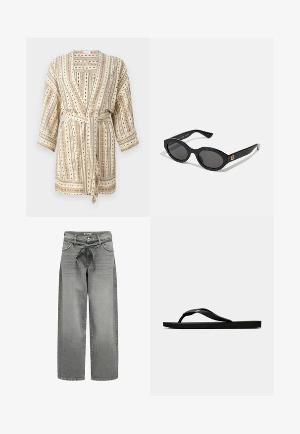 Lett, kremfarget badekåpe med vertikale svarte og grønne striper, prikkete mønstre og belte i samme stoff. Har trekvartlange ermer og en løs passform.; Hvit knapp-up skjorte laget av glatt bomull med klassisk krage, med rett falden og beige knapper foran.; Bredde ben grå denimbukser med snor i livet og frontlommer. Stoffet har en lett struktur og en falmet finish.; Svarte gummiflip-flopsandaler med en teksturert stropp og enkel flat såle, vist fra siden på en enkel lys bakgrunn.; Sorte ovale solbriller med mørke linser og blank plastramme. Har gulllogo på stengene, og tilbyr et elegant og moderne design.