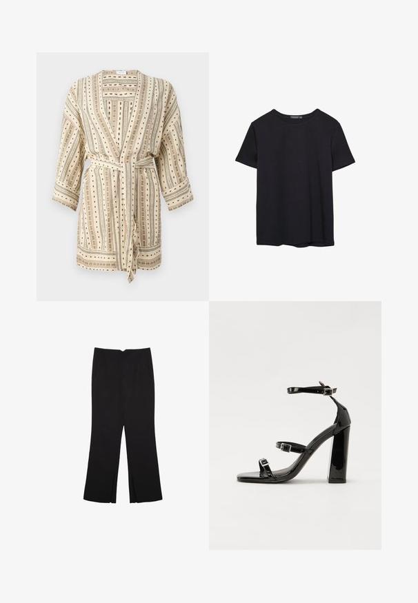 Lekki, kremowy szlafrok w pionowe czarne i zielone paski, w kropki, z paskiem do przewiązania. Posiada rękawy do ćwierć długości oraz luźny krój.; Prosta, krótko rękawowa czarna koszulka bawełniana z okrągłym dekoltem, prezentowana na białym tle.; Czarne spodnie o prostym kroju, z przednimi kieszeniami i bocznymi rozcięciami na dole. Wykonane z miękkiego, gładkiego materiału. Odpowiednie na różne okazje.; Czarne lakierowane sandały na obcasie z kwadratowym noskiem, z paskami wokół kostki i srebrnymi klamrami. Posiadają masywny słupek dla stabilności.