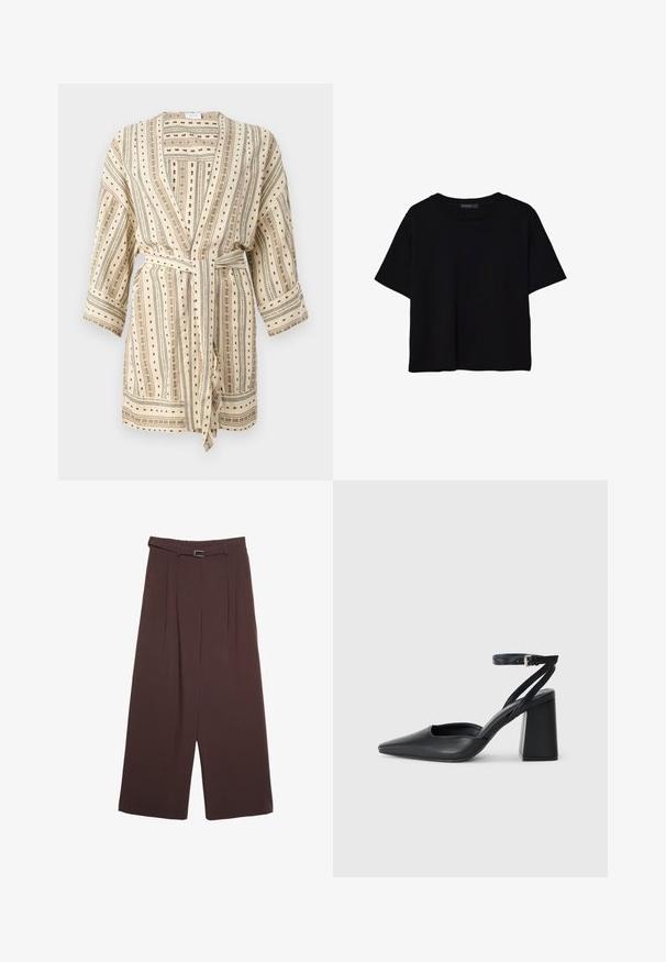 Lahki kremni plašč z navpičnimi črnimi in zelenimi črtami, pikčastimi vzorci in pasom za vezanje. Ima tri četrtinske rokave in ohlapno prileganje.; Črna kratkotrajna majica brez rokavov iz bombaža. Ima okroglo ovratnico in sproščen kroj z gladko, enostavno teksturo. Brez vidnih vzorcev ali dodatkov.; Stradivarius WIDE-LEG WITH BUCKLE DETAIL - Hlače - dark brown; Črne usnjene klasične čevlje z ostrim nosom, z zaponko za gleženj in debelim peto. Ravna tekstura, eleganten dizajn in minimalistična estetika.