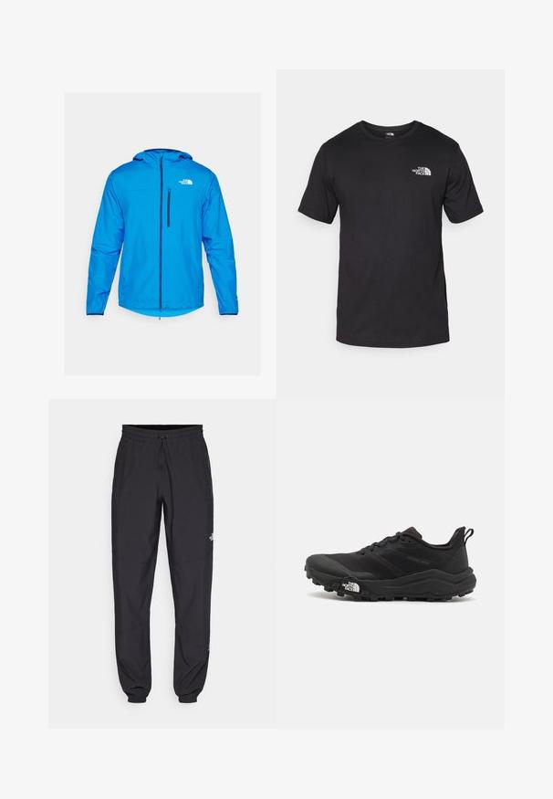 Kék, könnyű dzseki kapucnival, elülső cipzárral és logóval a bal oldalon. Sima felszínű, rugalmas mandzsettákkal, ideális szabadtéri használatra.; Fekete rövidujjú pamut póló, kerek nyakkivágással, a bal felső mellkason egy kis fehér logóval.; Fekete sportnadrág, könnyű anyagból készült, húzózsinóros derékkal, oldalsó zsebekkel és szűkített szárakkal a bokáknál.; Fekete terepfutó cipő, textúrált felső résszel, gumitalppal és megerősített lábujjrészével. Párnázott bokarésszel és húzófüllel rendelkezik a könnyű felhúzáshoz.