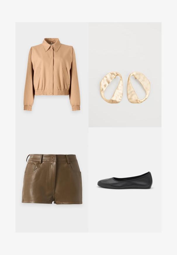 Karamēns īss bikšiņš ar apkakli, priekšējo pogu aizdari, elastīgu jostasvietu un divām sānu kabatām, izgatavots no gludas auduma un viegls.; Bieza piedurkņu balta T-krekls, izgatavots no ribota kokvilnas, ar apaļu kakla izgriezumu un taisnu apakšmalu. Vienkāršs dizains bez rakstiem vai akcentiem.; Brūnas mākslīgās ādas šorti ar piegulīgu dizainu, jostasvieta ar jostu cilpiņām, priekšējām kabatām un redzamām šuvju detaļām.; Melna ādas baleta kurpe ar noapaļotu purngalu, gludu tekstūru, minimālu šuvju detalizāciju un elastīgu zoles dizainu.; Pāris neregulāras ovālas formas zelta toņos metāla auskaru ar teksturētu, nedaudz sitētu virsmu uz baltas fona.