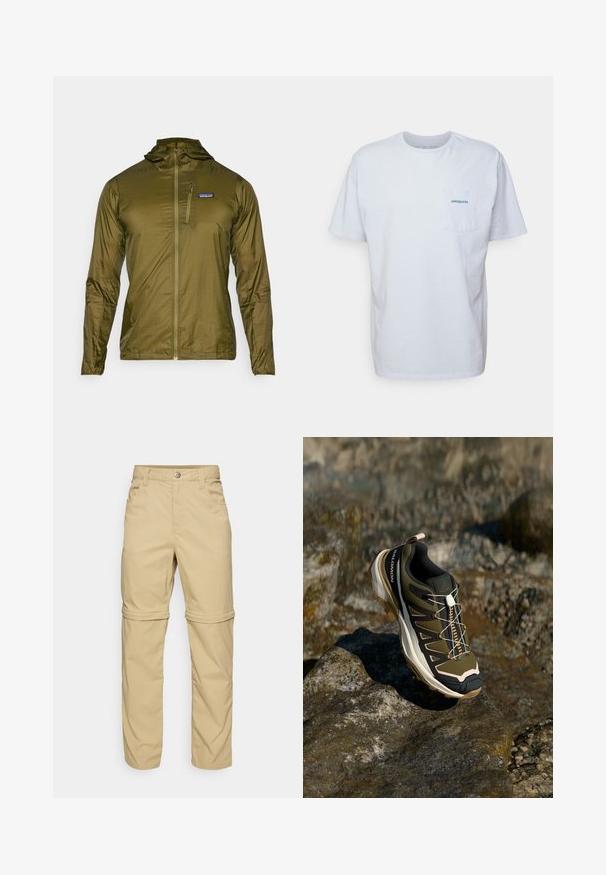 Olivno zelena lahka jakna s kapuco, z sprednjim zadrgo in majhnim žepom na prsih s logotipom. Gladka, sijoča tekstura.; Bela bomba majica iz bombaža s kratkimi rokavi, okroglo ovratnikom in žepom na levi strani prsi, ki ima modri logo "Patagonia". Klasičen kroj z gladko teksturo.; Bež hlače z možnostjo odpnevanja z gladko teksturo, ki imajo dve stranski žep in zaponko na gumb, ter lahko zavihane manšete za večjo vsestranskost.; Pohodni čevlji v olivno zeleni in črni barvi s poudarki v roza. Imajo teksturirano zgornji del, fleksibilno podplat, ojačan zaščitni del za prste in barvit sistem vezalk.
