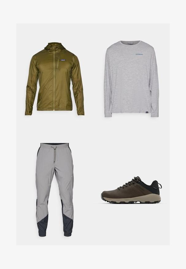 Olijfgroene lichtgewicht jas met een capuchon, voorzien van een ritssluiting aan de voorkant en een klein borstzakje met een logo patch. Gladde, glanzende textuur.; Lichtgrijze longsleeve t-shirt van zacht, textuurstof. Heeft een ronde hals en een klein blauw Patagonia-logo op de borst.; Lichte, grijze sportbroek met zwarte accenten. Elastische tailleband, trekkoordsluiting, taps toelopend ontwerp en zijzakken.; Bruine waterdichte sneakers met een gestructureerde bovenkant, geperforeerde accenten, zwarte hielsteun en een grijze rubberen zool. De veters zijn voorzien van metalen uiteinden.