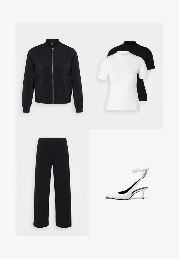 Juoda bomberio striukė iš lygaus audinio, su grotelėmis apykakle, motyvuotais rankovėmis ir priekiniais užtrauktukais. Turi šonines kišenes ir minimalistinį dizainą.; Even&Odd Petite 2 PACK - Paprasti marškinėliai - white/black; Juodos plačios kelnės su elastingu juosmeniu. Pagamintos iš tekstūruotos medžiagos, turi laisvą siluetą ir tiesų kirpimą nuo klubų iki krašto.; Balti smaili ovalo pirštai su banguota atvira užsegimo juosta. Lygi odinė medžiaga, plonas stiletto kulnas ir juodas vidinis pamušalas.