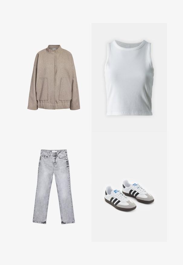 Taupe ullblandad jacka med hög krage, sänkta axlar, stora framfickor och en samlad nederkant. Slät textur, avslappnad passform.; Vit ribbad linne med rund halsringning och ärmlös design, med en rak nederkant och en smidig, elastisk textur.; Grå denimjeans med rak benpassform, slitna detaljer, fem fickor och kopparnitar. Midjan har en logotagg.; Sportskor med överdel i vit läder, grå mocka på tårna och tre svarta ränder. Har en blå logotyp på tungan och en texturerad gummisula.