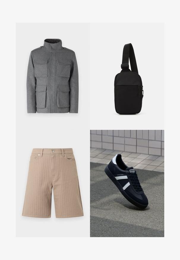 Giacca grigia in misto lana con colletto alto, dotata di quattro tasche frontali e chiusura con zip. Tessuto morbido con una vestibilità su misura.; Maglietta verde in cotone con un motivo geometrico testurizzato. Presenta un collo a girocollo ribbed e un piccolo logo sul petto.; Pantaloncini beige in tessuto strutturato con righe verticali, vita con bottone frontale e tasche laterali.; Sneaker neri in pelle con strisce bianche, suola in gomma texturizzata e allacciatura frontale. Presenta un'etichetta con il marchio sulla linguetta.; Borsa a tracolla nera realizzata in tessuto resistente, con una singola tracolla regolabile, un compartimento principale con zip e una tasca frontale.