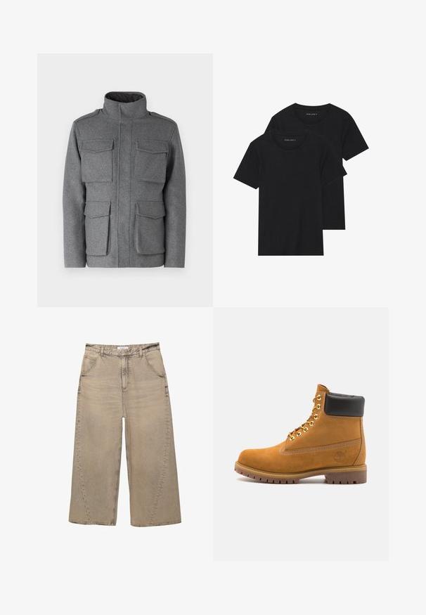 Šedá vlněná bunda s vysokým límcem, se čtyřmi předními kapsami a zipovým zapínáním. Hladká textura s přiléhavým střihem.; Dvě černé bavlněné tričko s krátkým rukávem, kulatým výstřihem a hladkou texturou, vystavené naskládané k sobě.; PULL&BEAR MEGA BAGGY - Baggy džíny - light grey; Hnědé semišové kotníkové boty s černým polstrovaným límcem, zlatými kovovými očky, bílým prošíváním a odolnou gumovou podrážkou s výraznými drážkami.