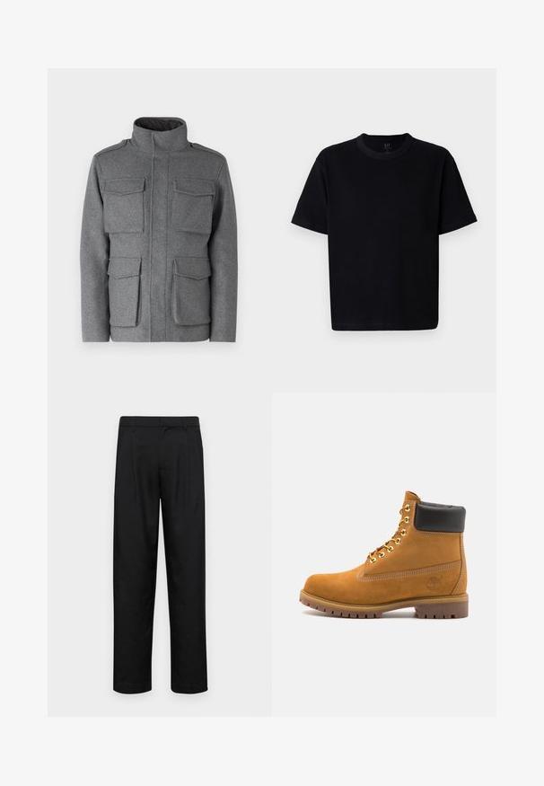 Chaqueta de mezcla de lana gris con cuello alto, que cuenta con cuatro bolsillos frontales y cierre de cremallera. Textura suave con un ajuste entallado.; Camiseta de algodón negra con cuello redondo, mangas cortas y corte recto. Presenta costuras minimalistas y una textura suave y lisa.; Pantalones negros de tela suave, con un diseño de pierna recta, dos pliegues frontales y una cintura estándar con trabillas para el cinturón.; Botín de ante marrón claro con collar acolchado negro, ojales de metal dorado, detalles de costura blanca y suela de goma resistente con tacos pronunciados.