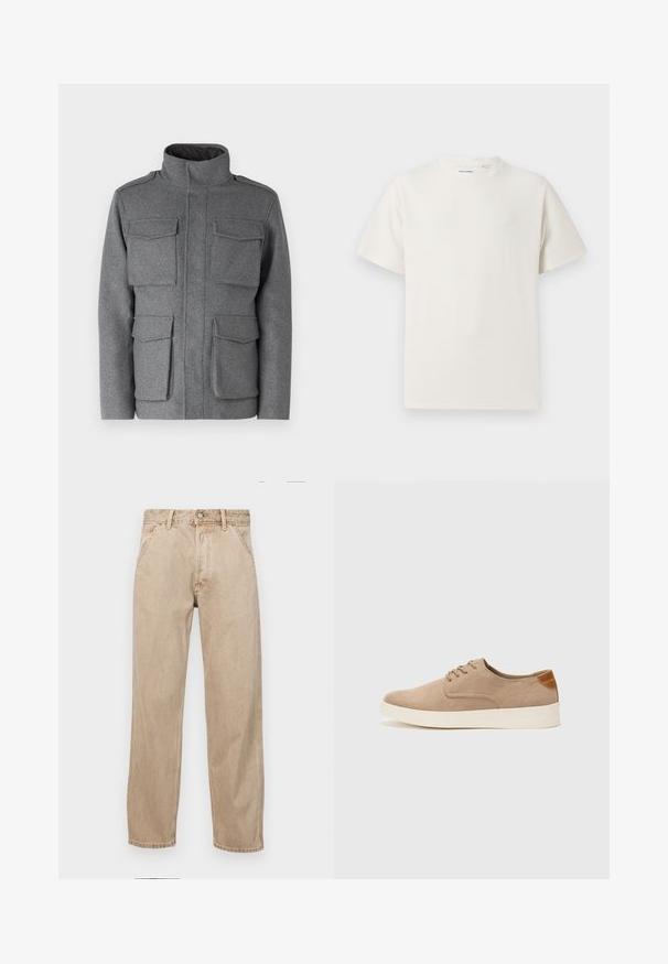 Szary płaszcz z mieszanki wełny z wysokim kołnierzem, posiadający cztery kieszenie z przodu i zamek błyskawiczny. Gładka tekstura z dopasowanym krojem.; Biała krótka koszulka z krótkim rękawem o żebrowanej fakturze. Okrągły dekolt, luźny krój, brak widocznych wzorów lub akcentów. Prosty i uniwersalny design.; Beżowe dżinsy o prostym kroju, z przednimi kieszeniami, metalowym zapięciem na guzik i delikatną teksturą.; Beżowe zamszowe sneakersy z okrągłym noskiem, sznurowanym przodem i teksturowanym akcentem na tyle. Biała gumowa podeszwa tworzy kontrast. Prosty i nowoczesny design.