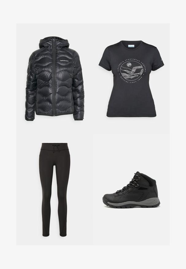 Peak Performance HELIUM HOOD - Dunjacka - black; Svart Columbia-t-shirt med vit cirkulär linjekonst av berg och flod samt texten "Columbia Sportswear Company Outside Since 1938."; Svarta leggings med hög midja, snörning, slät textur och figurnära design. Har sömnadsdetaljer längs sidorna.; Svart vandringskänga med mellanhög design, som har en texturerad överdel, grå accenter och en slitstark gummisula med greppklackar.
