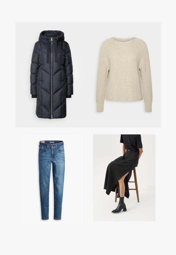 Marc O'Polo LONG NEW QUILTINGS WITH HOOD - Sulemantel - deep blue sea; Hele roosa kootud sviiter, millel on ümar kaelus, raglanvarrukad ja soonikkoes varrukalõpud. Tekstuur on pehme, mugava lõikega ja minimaalsete detailidega.; Kõrge vöökohaga kitsad teksad helesinisest denimist. Omab viit taskut, ees klõpsuga sulgemist ja klassikalist tikandit kogu ulatuses.; Must mustriga mustri, kõrge lõhiku ja musta T-särgiga, koos mustade ankle kingadega. Minimalistlik disain, lõtv istuvus.