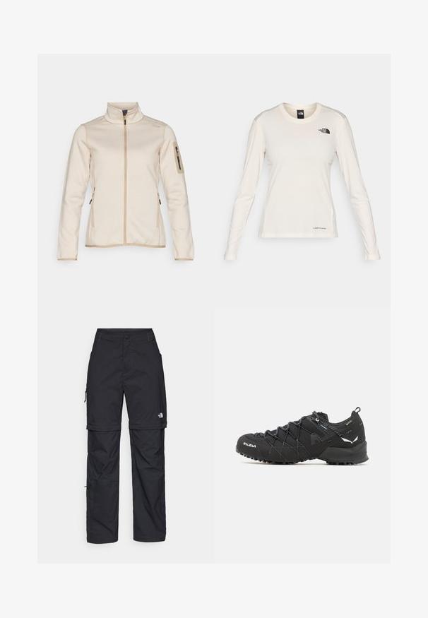 Light beige zip-up jacket with a textured surface, high collar, and fitted long sleeves. Features side pockets and a zippered arm pocket.; The North Face SHADOW LONG SLEEVE - Long sleeved top - white dune; Black nylon zip-off cargo trousers with adjustable cuffs, multiple pockets, and a logo on the right leg. Smooth, lightweight texture.; Black hiking shoes with a textured fabric upper, lacing system, and rugged rubber sole. Accented with reflective details and logos.