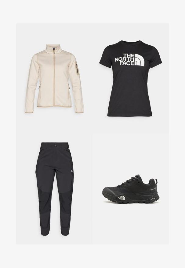 Light beige zip-up jacket with a textured surface, high collar, and fitted long sleeves. Features side pockets and a zippered arm pocket.; Black T-shirt made of cotton with short sleeves. Features a large white logo text and curved graphic on the front. Smooth texture.; Black outdoor pants made of durable fabric. Feature zippered pockets, reinforced knee panels, and a straight cut design for mobility.; Black hiking shoe with a textured upper, lace closure, and a chunky rubber sole featuring a prominent logo on the side and tread patterns.