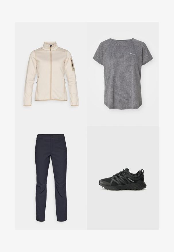 Casaco com fecho éclair em bege claro, com uma superfície texturizada, gola alta e mangas longas ajustadas. Apresenta bolsos laterais e um bolso na manga com fecho éclair.; Camisa cinza de manga curta com um padrão texturizado subtil, decote redondo e logótipo da Columbia no peito. Tecido suave, ajuste descontraído.; Calças azul-marinho feitas de tecido liso, com fecho frontal em botão, design slim-fit e detalhes pregueados nos joelhos.; Columbia PEAKFREAK - Sapatos de caminhada - black