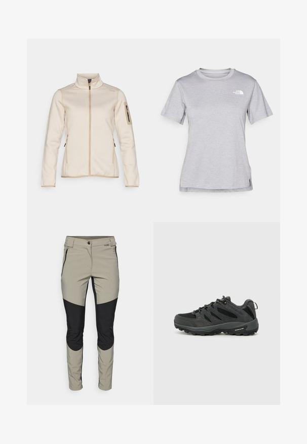 Svijetlo bež zip-up jakna s teksturiranom površinom, visokim ovratnikom i pripijenim dugim rukavima. Ima bočne džepove i džep na ruci sa zipom.; Siva kratka majica s kratkim rukavima izrađena od mekog, tkanog materijala koji upija vlagu. Ima okruglu izrez i mali bijeli logo na gornjem lijevom dijelu.; Lagane, prozračne hlače u bež i crnoj boji sa prilagođenim dizajnom, bočnim munjevim zatvaračima i kontrastnim panelima na koljenima.; Columbia REDMOND - Obuća za pješačenje - black/citron haze