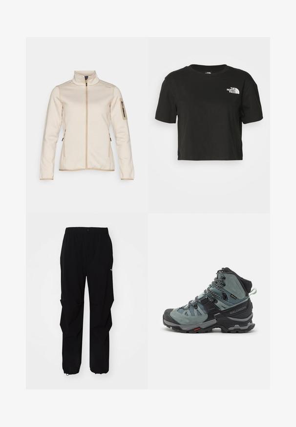 Light beige zip-up jacket with a textured surface, high collar, and fitted long sleeves. Features side pockets and a zippered arm pocket.; Black cropped t-shirt made of cotton. Features a round neckline and short sleeves, with a white logo on the left chest area.; Black outdoor pants made from durable material, featuring a relaxed fit, elastic waistband, and cinched cuffs for adjustable length.; High-top hiking boot in gray-blue with a suede and mesh upper, featuring black accents, knotted laces, and a rugged sole for traction.