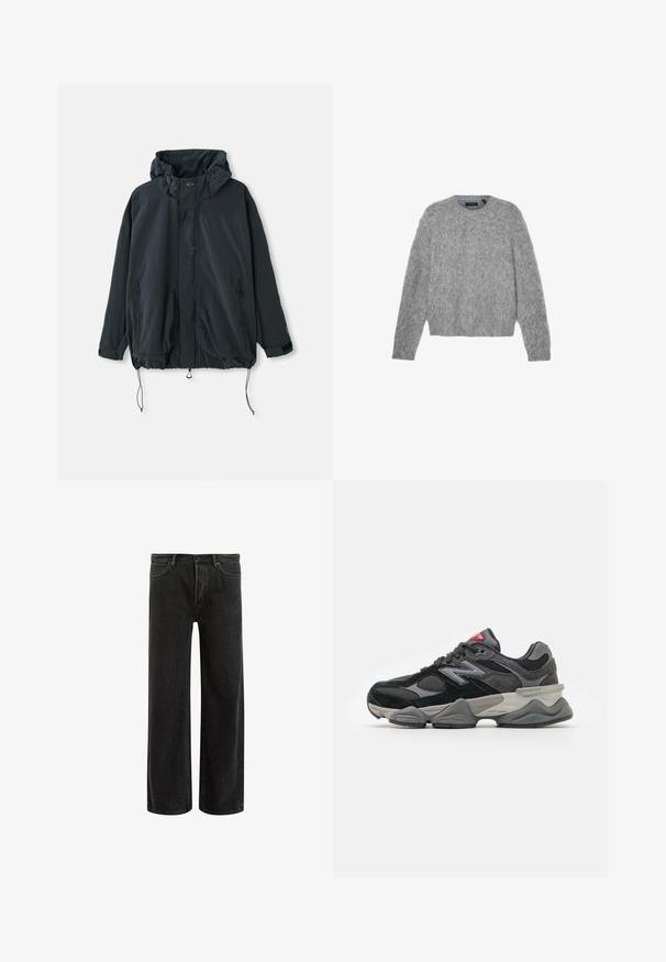 Jachetă cu glugă neagră, realizată dintr-un material ușor. Prezintă un sistem de închidere cu fermoar, cordon de strângere și buzunare laterale cu fermoar. Design cu o croială lejeră.; Pulover gri, cu mânecă lungă, fabricat dintr-un material pufoș, cu decolteu rotund și un croi scurt. Textură netedă, cu un aspect moale și ușor.; Blugi negri din denim cu picioare largi și talie înaltă, având un design clasic cu cinci buzunare și ușoară decolorare pentru un aspect texturat.; Adidași negri și gri cu un amestec de material din suede și plasă, talpă groasă, logo proeminent și accente roșii pe limbă.