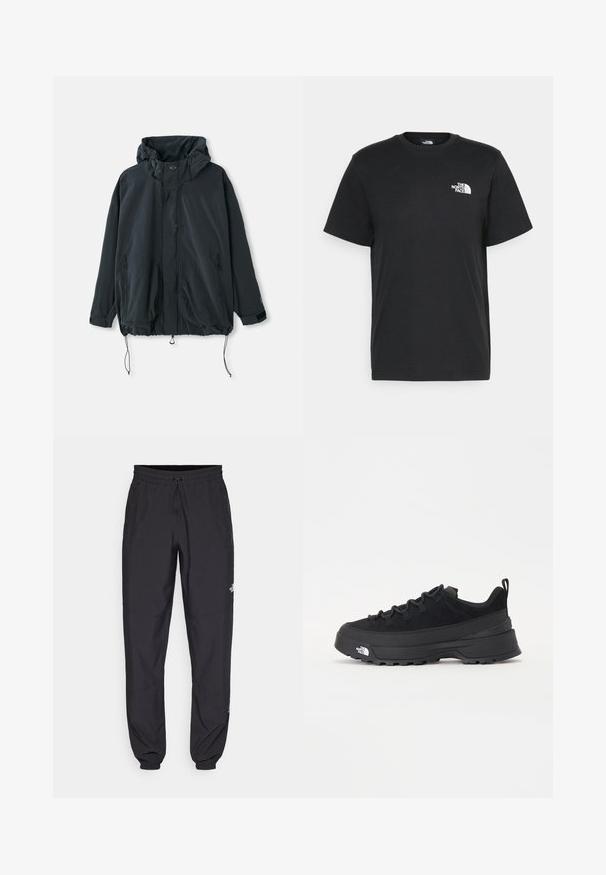 Musta huppari, joka on valmistettu kevyestä kankaasta. Varusteena vetoketjuku closure, kiristysnarut ja sivutaskut vetoketjuilla. Rentomallinen malli.; Musta puuvillainen t-paita lyhyillä hihoilla, pyöreällä kaula-aukkolla ja pienellä valkoisella logolla vasemmassa rinnassa. Yksinkertainen muotoilu, sileä pinta ja rento istuvuus.; Mustat urheiluhousut, jotka on valmistettu kevyestä kankaasta. Housuissa on naru vyötäröllä, sivutaskut ja kapenevat hihnat nilkoissa.; Mustamustad välisjalanõud suede ülemise, tekstuuriga kummist tallaga ja tugeva paelaga. Varustatud tugevdatud kanna ja brändi logoga külgedel.