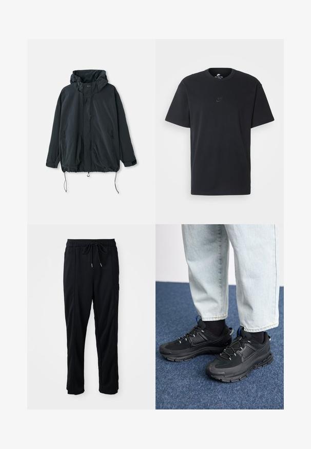 Svart hettejakke laget av lett stoff. Har glidelås, snøring og sidelommer med glidelås. Løs passform.; Nike svart bomull T-skjorte med klassisk rund hals, korte ermer, og en subtil, preget logo på brystet. Glatt tekstur.; Svarte casual bukser med strikk i livet, sidelommer og rett bein på en ensfarget bakgrunn.; Svarte sportssko med teksturert stoff og gummisåler, med elastiske lisser og en blå detalj på hælen. Brukt med lyse denimbukser.