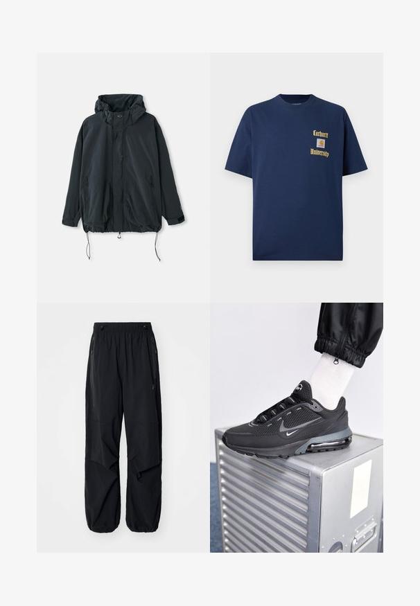 Czarna kurtka z kapturem wykonana z lekkiego materiału. Posiada zamek błyskawiczny, sznurki oraz boczne kieszenie na zamek. Luźny krój.; Granatowa bawełniana koszulka z krótkim rękawem, z złotym napisem "Carhartt University" oraz naszywką z logo na lewej piersi.; Czarne, lekkie spodnie cargo z elastycznym pasem, bocznymi zamkami błyskawicznymi i pojemnymi kieszeniami. Charakteryzują się luźnym krojem i zwężanymi mankietami.; Nike Sportswear PULSE czarny