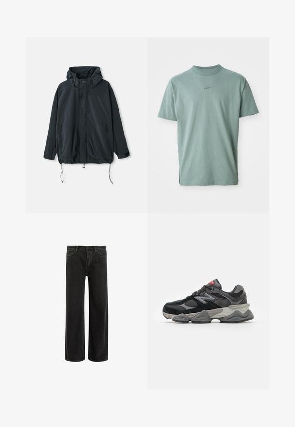 Crna kapuljača jakna izrađena od lagane tkanine. Ima zatvaranje na zip, vezice i bočne džepove s zipovima. Design s laganim krojem.; Zelena pamučna majica s kratkim rukavima, rebrastim okruglim izrezom i izvezenim Nike logom na prsima. Glatka tekstura i opušten kroj.; Crne traperice s širokim nogavicama i visokim strukom, s klasičnim dizajnom pet džepova i suptilnim izbljeđenjem za teksturirani izgled.; Crne i sive tenisice s kombinacijom antilopa i mrežastih materijala, debelim đonom, istaknutim logotipom i crvenim naglaskom na jeziku.