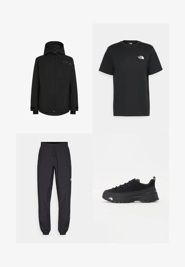 Veste noire avec capuche, fermeture éclair à l'avant et poche poitrine. Fabrication en tissu texturé avec des poignets élastiques et un ourlet arrière légèrement allongé.; T-shirt en coton noir à manches courtes, col rond, avec un petit logo blanc sur la poitrine gauche. Design simple, texture lisse et coupe décontractée.; Pantalon de sport noir en tissu léger, avec une taille à cordon, des poches latérales et des chevilles resserrées.; Baskets de plein air noires avec une tige en daim, semelle en caoutchouc texturé et un système de laçage robuste. Comprend un talon renforcé et un logo de la marque sur le côté.