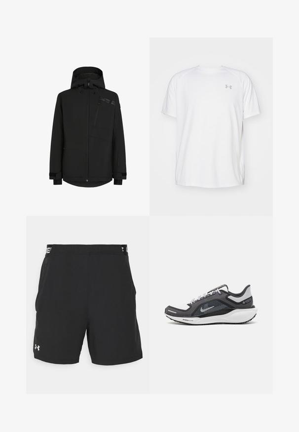 Black jacket with a hood, zippered front, and chest pocket. Features textured fabric with elastic cuffs and a slightly extended back hem.; White short-sleeve athletic shirt made of smooth fabric. Features a crew neck and gray logo on the left chest, with side slits at the hem.; Black athletic shorts with an elastic waistband featuring white branding. Made from lightweight material with a smooth texture and no visible patterns.; Black and gray athletic shoe with a mesh upper, reflective accents, and a white midsole. Features textured rubber outsole and laces.