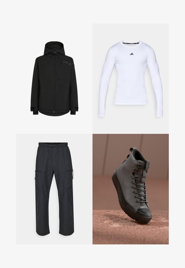 Zwarte jack met capuchon, ritssluiting aan de voorkant en borstzak. Gekenmerkt door textuurstof met elastische manchetten en een iets verlengde achterzoom.; Witte langarm sportshirt gemaakt van rekbare stof, met een ronde halslijn en een zwart Adidas-logo op de borst.; Zwarte cargo broek met een elastische tailleband, twee ritszakken en een lichte, zachte stofstructuur.; Hoge sneaker van grijs leer met een gestructureerde afwerking, zwarte rubberen neus en grijze veters. Beschikt over een trekkoord aan de hiel.