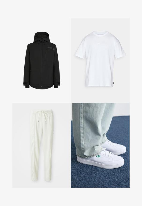 Μαύρο μπουφάν με κουκούλα, μπροστινό φερμουάρ και τσέπη στο στήθος. Διαθέτει υφασμάτινη υφή με ελαστικές μανσέτες και ελαφρώς παρατεταμένο πίσω στρίφωμα.; Λευκό βαμβακερό μπλουζάκι με κοντά μανίκια και στρογγυλή λαιμόκοψη. Διαθέτει ένα μικρό, διακριτικό λογότυπο Nike στο στήθος και μια ετικέτα στο πλάι.; Λευκά εφαρμοστά jogger παντελόνια με ελαστική μέση και κορδόνι, που διαθέτουν πλαινά ραφάκια και μία μικρή μαύρη πατίνα στο δεξί πόδι.; Λευκά δερμάτινα sneakers με πράσινο λογότυπο Nike, στρογγυλή μύτη, επίπεδη σόλα, συνδυασμένα με ανοιχτό μπλε τζην παντελόνι, τοποθετημένα σε μπλε χαλί.