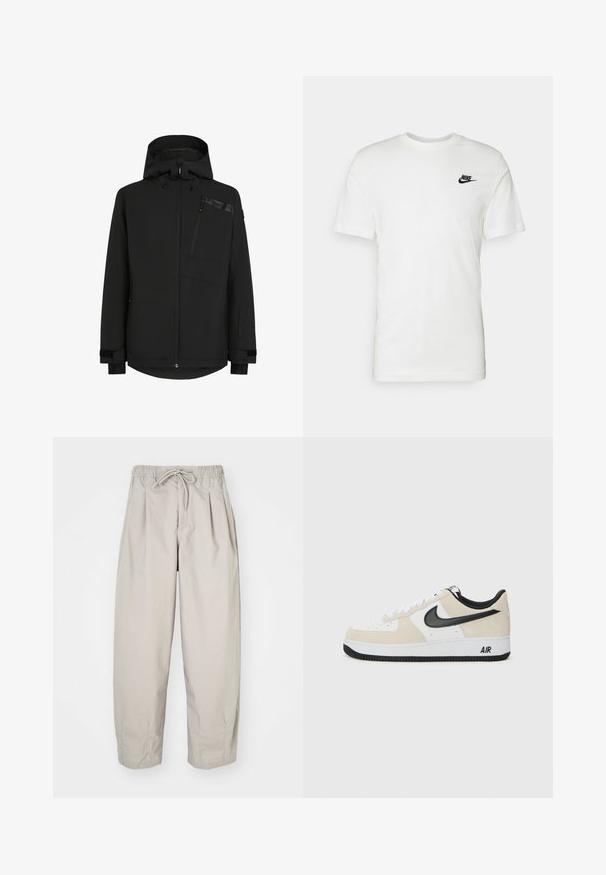 Casaco preto com capuz, fecho em zíper na frente e bolso no peito. Apresenta um tecido texturizado com punhos elásticos e uma bainha traseira ligeiramente mais longa.; T-shirt branca de algodão com mangas curtas, decote redondo e um logotipo preto da Nike na área esquerda do peito. Textura suave e ajuste clássico.; Calças leves, bege, com cintura elástica e cordão. Apresenta pregas e um corte largo, confeccionadas em tecido suave e liso.; Sapatilhas com parte superior em camurça bege claro e couro branco, swoosh da Nike em preto, detalhes em preto e uma sola de borracha branca com a marca "AIR".