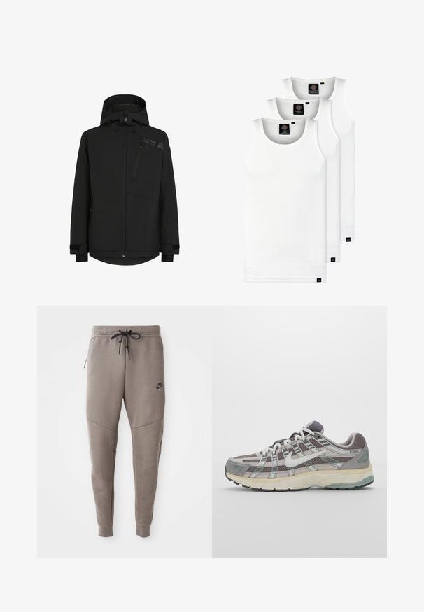 Schwarze Jacke mit Kapuze, Reißverschluss vorne und Brusttasche. Verfügt über ein strukturiertes Material mit elastischen Bündchen und einem leicht verlängerten hinteren Saum.; Drei weiße, gerippte Tanktops aus Baumwolle. Merkmale einen Rundhalsausschnitt und kleine schwarze Etiketten am Saum. In mehreren Größen erhältlich.; Graue Nike-Sweatpants mit einem Kordelzugbund, schmal zulaufenden Beinen, seitlichen Taschen und auffälliger Nahtgestaltung. Weicher, strukturiert Stoff.; Grauer Sportschuh mit einem Obermaterial aus Mesh und Wildleder, weißen Akzenten, einer gepolsterten Sohle und einem charakteristischen Design mit reflektierenden Elementen.