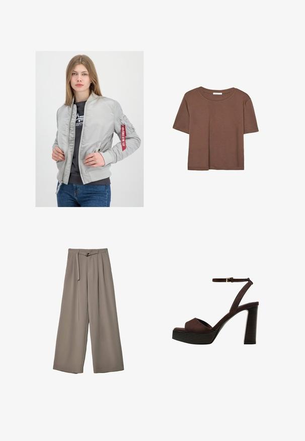Giubbotto bomber grigio con finitura liscia, polsini e colletto a coste, zip frontale e una toppa con dettaglio a nastro rosso sulla manica.; Maglietta a maniche corte marrone realizzata in tessuto morbido, con scollatura rotonda e vestibilità rilassata. Nessun motivo o dettaglio visibile.; Pantaloni a gamba larga in un morbido tessuto grigio tenue, con vita con cintura e pieghe per un tocco di design aggiuntivo. Texture liscia, senza motivi.; Sandal in camoscio marrone con tacco alto, punta aperta, cinturino alla caviglia regolabile e suola a piattaforma striata.