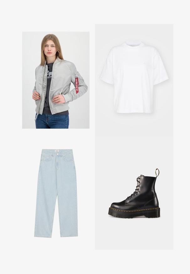 Jachetă bomber gri cu un finisaj neted, manșete și guler ribbianți, fermoar frontal și o fântână cu un detaliu de panglică roșie pe umăr.; Tricou din bumbac alb, cu guler rotund, mâneci scurte și o croială lejeră. Are un logo discret pe zona superioară stângă a pieptului. Textură netedă.; Jeans largi de culoare albastră deschisă, din denim, cu talie medie, cinci buzunare și închidere cu buton având un accent metalic subțire.; Botine din piele neagră, cu șireturi, până la gleznă, cu o talpă chunky neagră și cusături galbene. Dispune de o etichetă de tragere la spate și orificii metalice circulare.