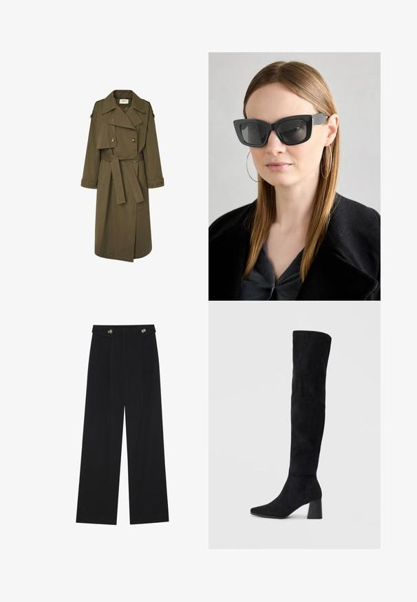 Olivno zeleni plašč iz mešanice bombaža, z dvojno zapenjanjem, velikimi klapničnimi ovratniki, pasom na vezanje in ramenskimi epauleti.; Črn dolg rokav vrh z razširjenimi manšetami, mehko teksturo in sproščenim krojem, z preprostim okroglim izrezom.; Črne široke hlače s visokim pasom, gumbnimi detajli na pasu in sprednjimi gubami.; Črne semiš škornje do kolen z blok peto, s koničastim nosom in gladkim, brezšivnim dizajnom na enostavni svetli podlagi.; Črne mačje očala s temnimi lečami, debelimi okvirji in subtilnimi detajli. Oblečena z črnim plaščem in sivim zgornjim delom, z dolgimi ravnimi lasmi.