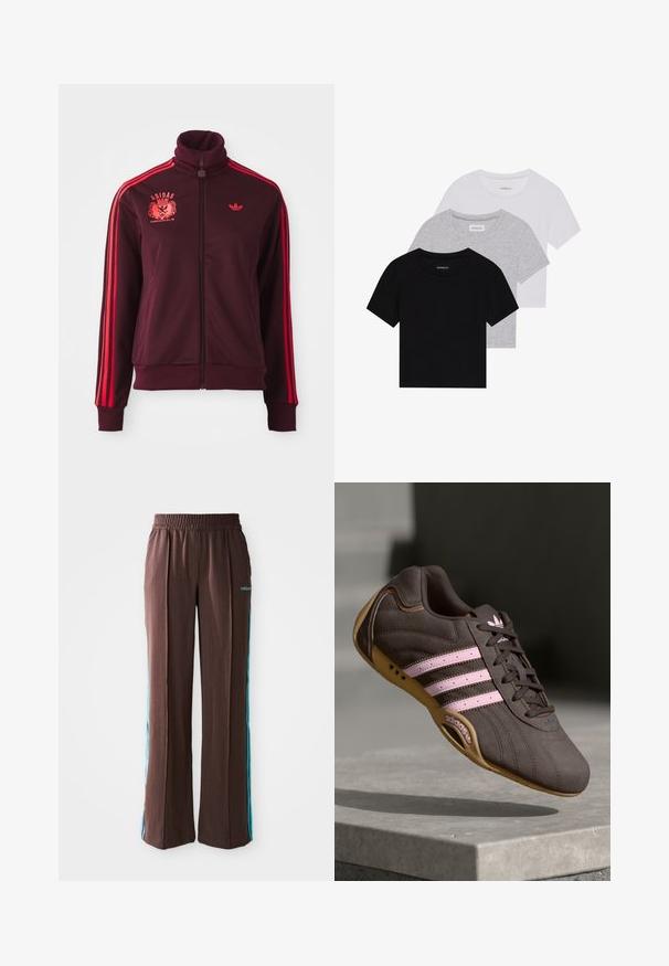 Casaco de treino em marrom com fecho zip, gola alta, riscas vermelhas nos ombros e logótipo bordado no lado esquerdo do peito. Tecido suave, design ajustado.; Conjunto de três t-shirts de manga curta nas cores preto, cinza e branco. Feitas em algodão, com gola redonda e um design simples, em cores sólidas.; Calças atléticas castanhas com uma textura canelada, cintura elástica e riscas laterais turquesa. Apresentam o logo da adidas na frente.; Sapatilha atlética de camurça castanha com riscas e logótipo rosa, apresentando um upper texturizado, fecho de atacadores e uma sola de borracha de goma.
