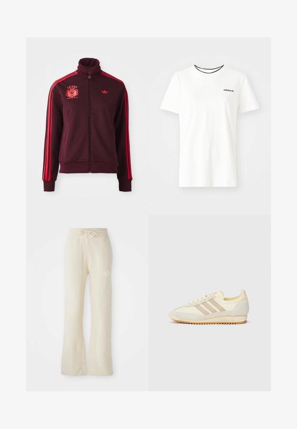 Bordo zip-up trening jakna z visokim ovratnikom, rdečimi ramenskimi črtami in vezenim logotipom na levem prsnem delu. Gladek material, prilegajoč dizajn.; Bela bomba majica iz bombaža s kratkimi rokavi in okroglim izrezom. Ima črni Adidas logotip na prsih ter kontrastni črni notranji ovratnik.; Kremaste trenirke z mehko teksturo, z elastičnim pasom in razširjenimi hlačnicami. Diskreten logotip na levi boki.; Kremna atletska teniska obutev z tremi bež črtami, usnjatom in tekstilnim materialom, teksturiranim podplatom ter embosiranim logotipom na peti.