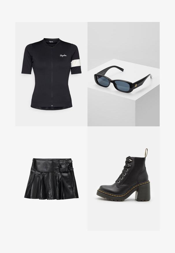 Maillot de cyclisme noir avec une fermeture éclair demi-longueur, des manches courtes et un accent à rayures blanches sur le bras gauche. Fabriqué en tissu extensible.; Chemise blanche à manches longues, dotée d'un col structuré et d'un ourlet arrondi. Fabriquée à partir d'un tissu lisse et uni, sans motifs ni accents visibles.; Jupe en cuir noir avec des plis, taille large et deux accents à boucle sur le côté. Texture lisse avec une finition brillante.; Bottine en cuir noir avec un talon haut chunky, un laçage à l'avant, des œillets en métal et une couture jaune le long de la semelle. Semelle en caoutchouc texturé.; Lunettes de soleil noires rectangulaires avec verres teintés bleu, monture épaisse et un accent circulaire doré sur le côté. Finition lisse et brillante.; Sac à main bourgogne en matériau synthétique avec un design structuré, doté d'une bandoulière amovible et d'un foulard à motif floral noué au poignet.